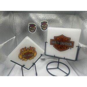 Harley-Davidson Fused Glass Decorative Tiles with Stands Bar & Shield Flame 2pc